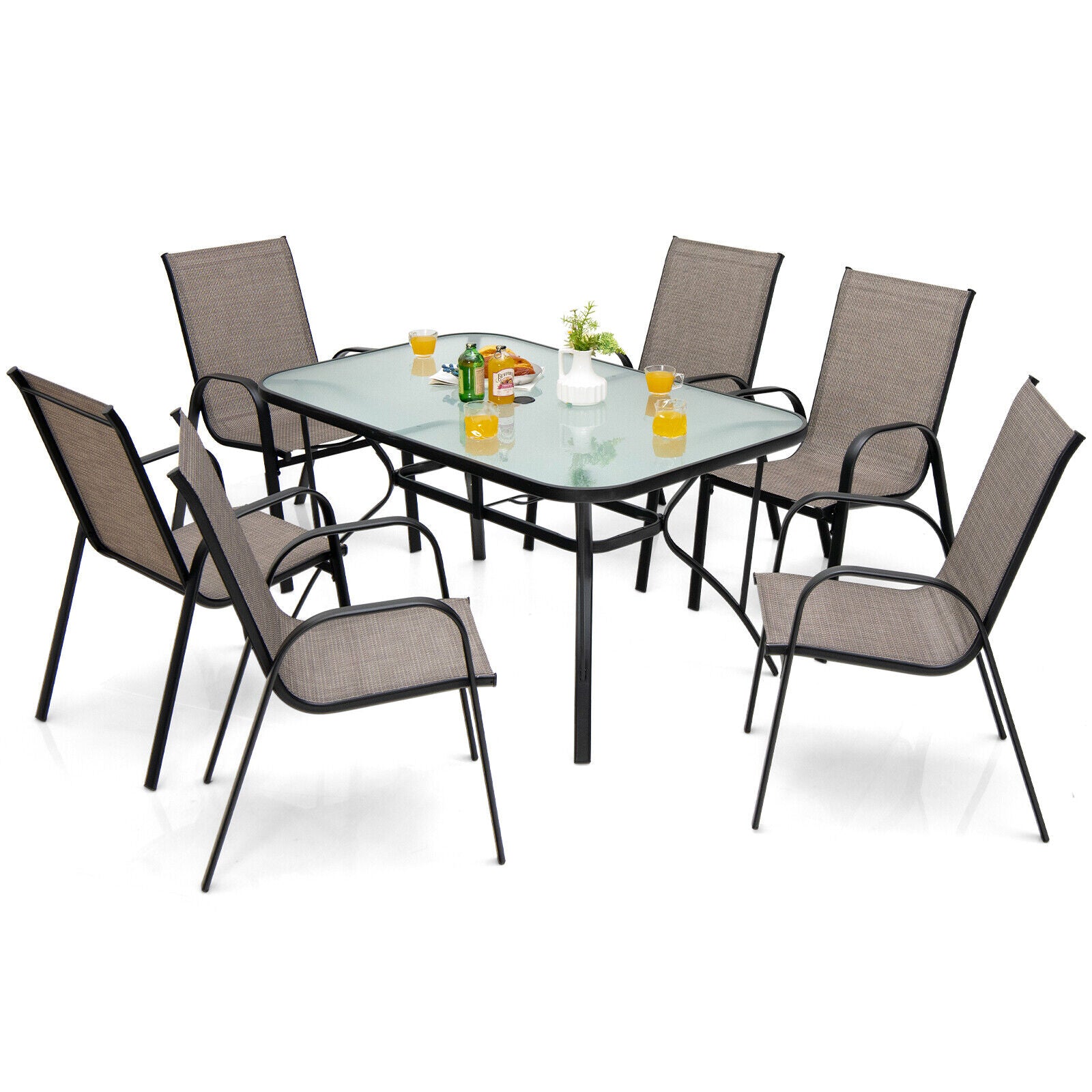 7-Piece Patio Dining Set with 6 Stackable Chairs, Brown Patio Dining Sets at Gallery Canada