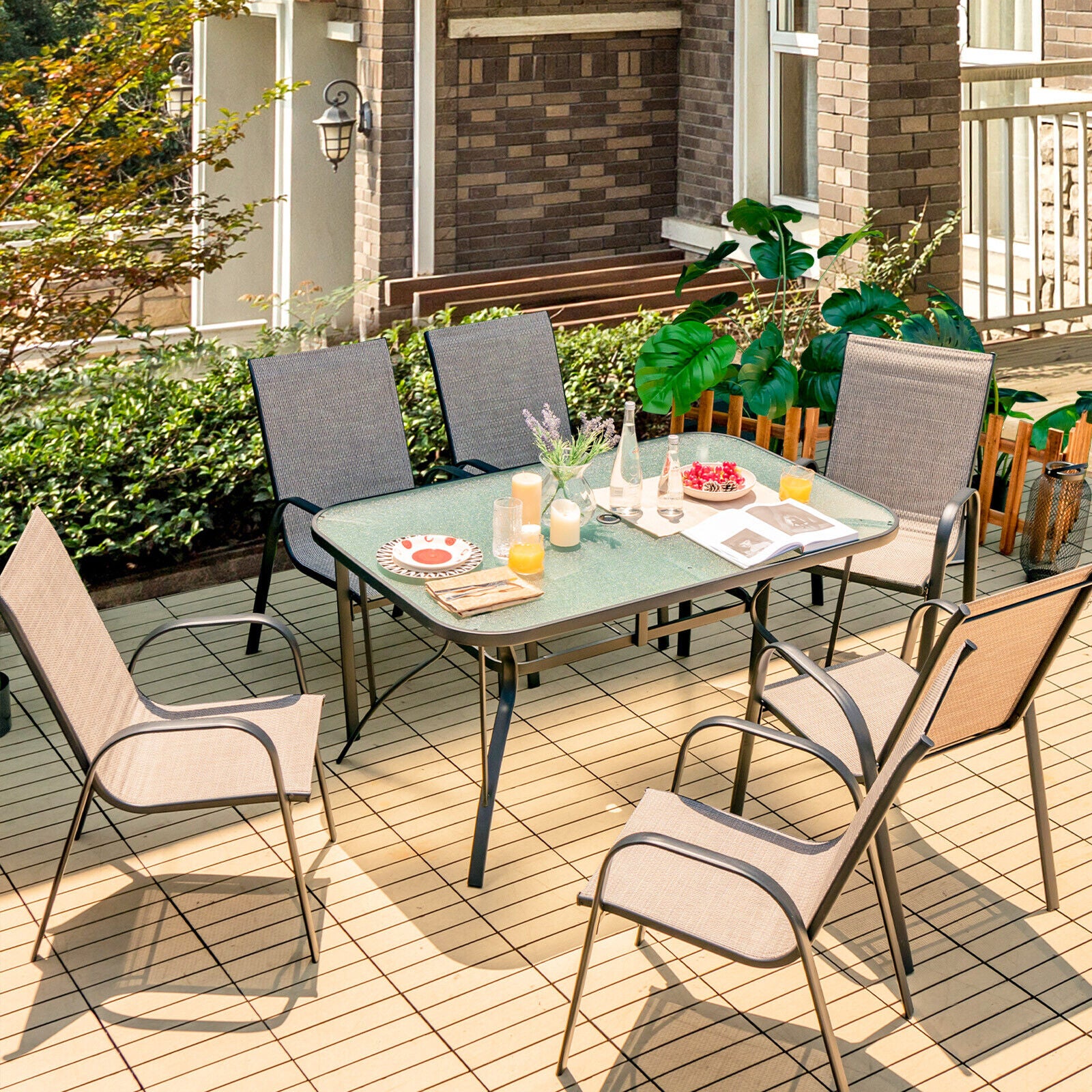 7-Piece Patio Dining Set with 6 Stackable Chairs, Brown Patio Dining Sets at Gallery Canada