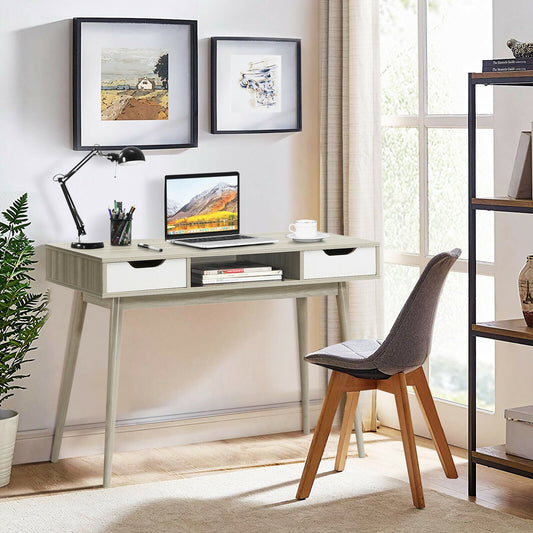 Stylish Computer Desk Workstation with 2 Drawers and Solid Wood Legs, Oak - Gallery Canada
