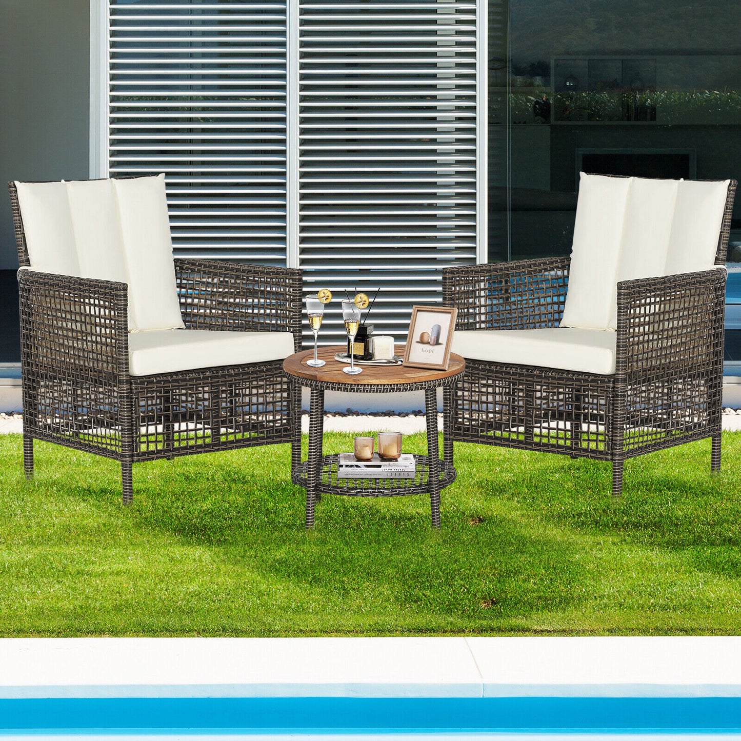 3 Pieces Patio Rattan Furniture Set with Cushioned Sofas and Wood Table Top, White Patio Conversation Sets at Gallery Canada