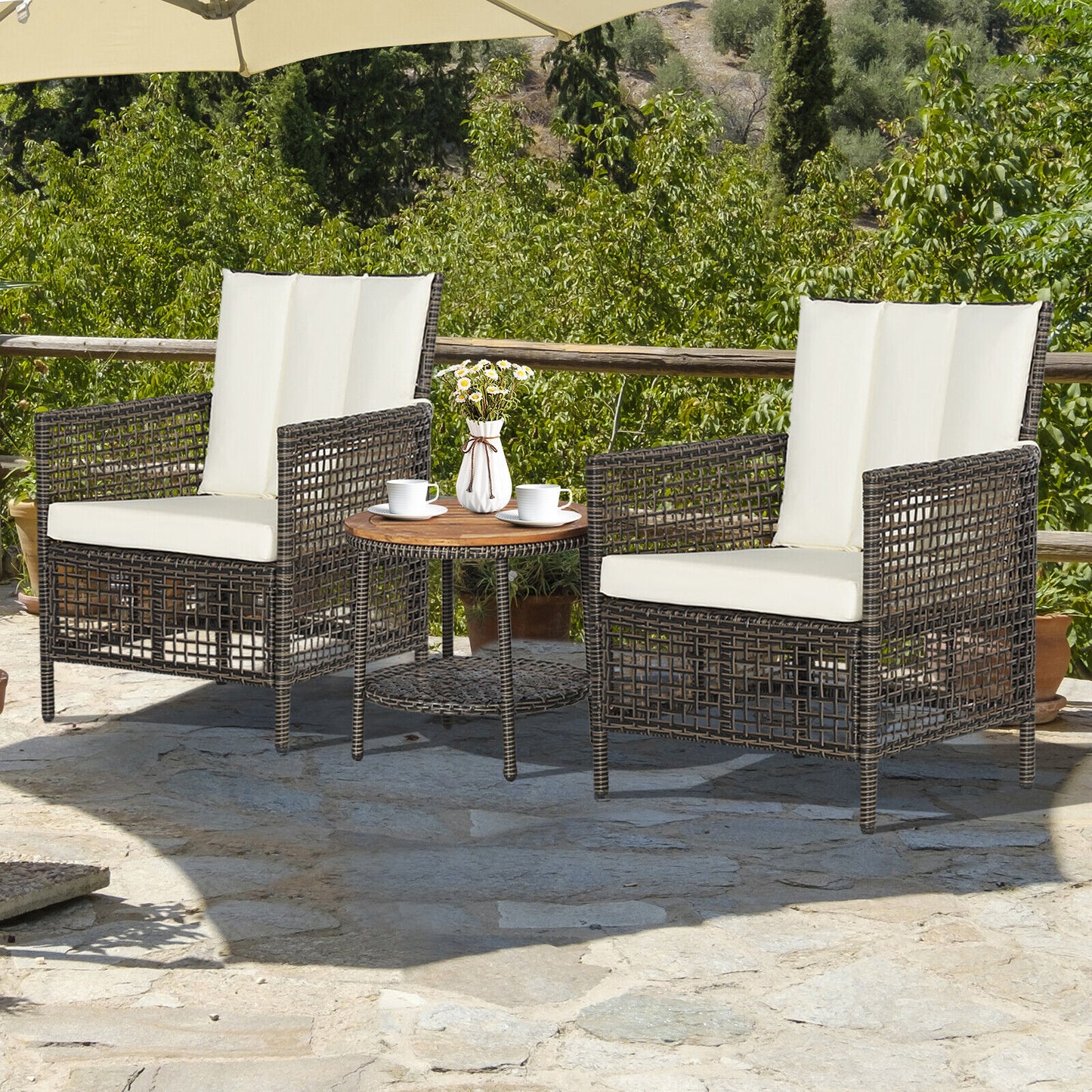 3 Pieces Patio Rattan Furniture Set with Cushioned Sofas and Wood Table Top, White Patio Conversation Sets at Gallery Canada