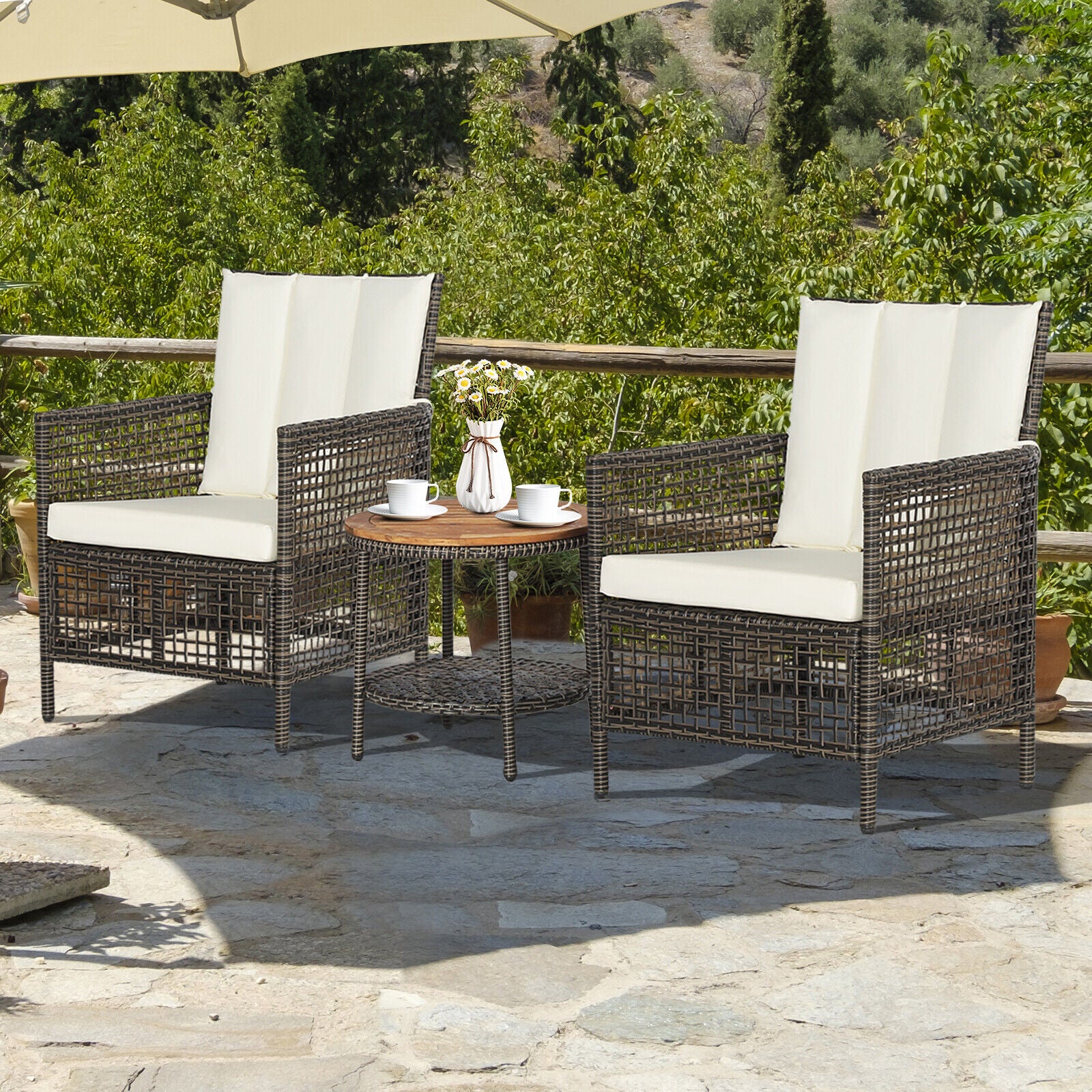 3 Pieces Patio Rattan Furniture Set with Cushioned Sofas and Wood Table Top, White Patio Conversation Sets at Gallery Canada
