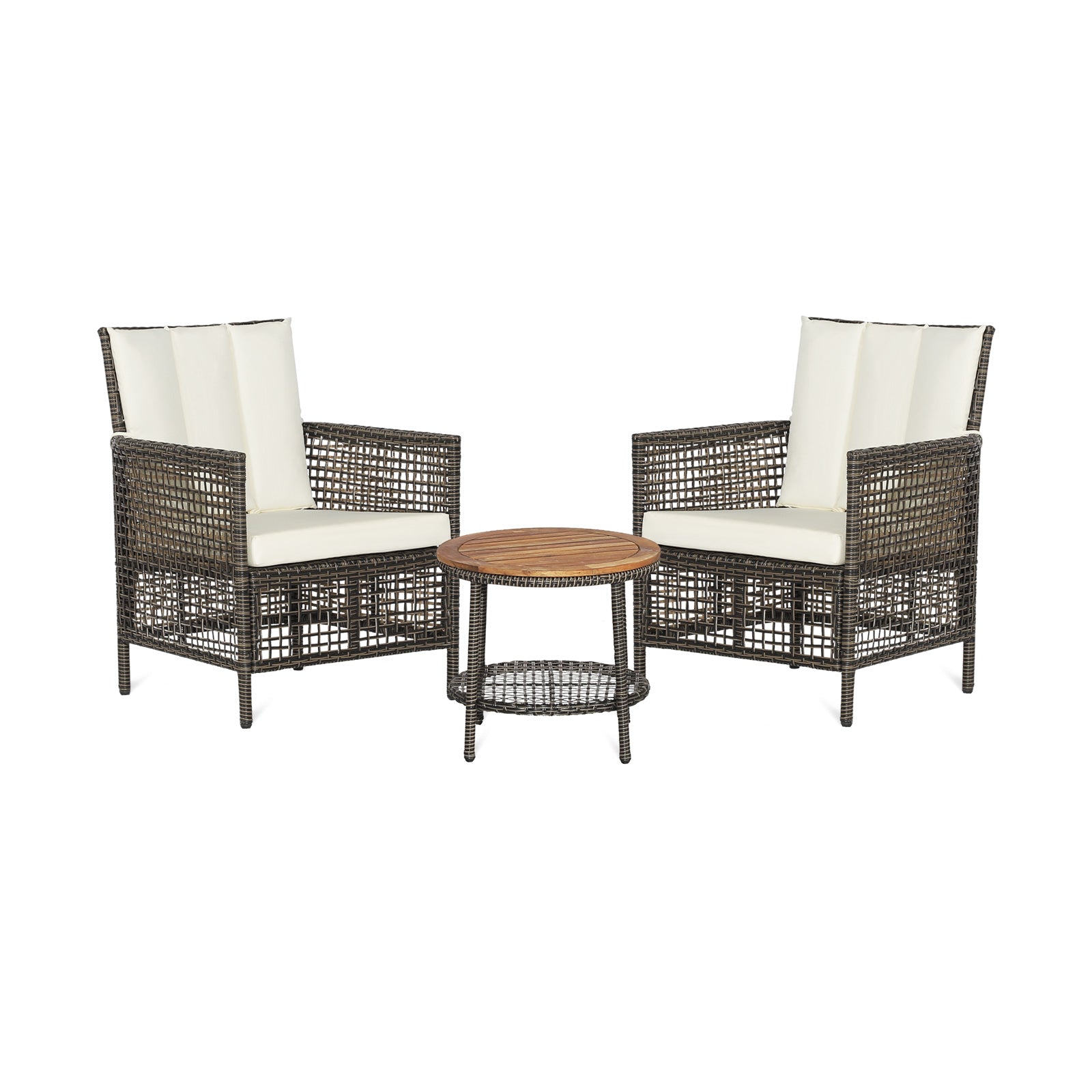 3 Pieces Patio Rattan Furniture Set with Cushioned Sofas and Wood Table Top, White Patio Conversation Sets at Gallery Canada
