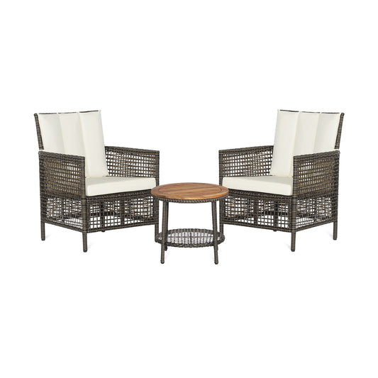 3 Piece Patio Rattan Furniture Set, Cushioned Sofas, Wood Table Top, White