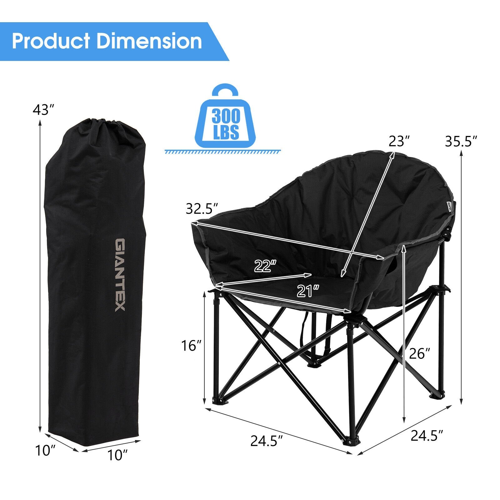 Folding Camping Moon Padded Chair with Carrying Bag, Black - Gallery Canada