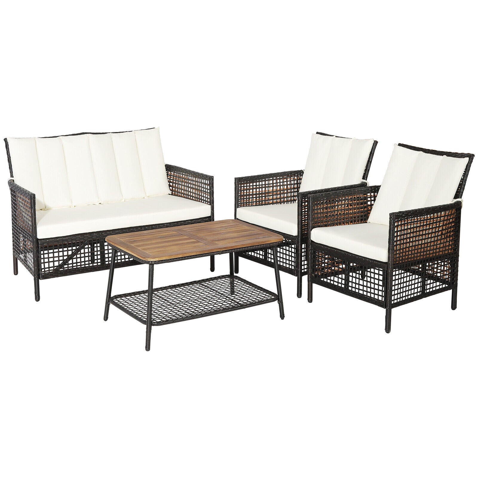 4-Piece Patio Rattan Furniture Set, 2-Tier Coffee Table, White Patio Conversation Sets White at Gallery Canada