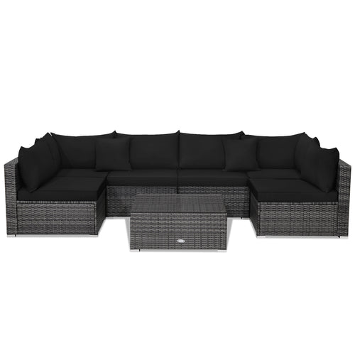7 Piece Patio Rattan Furniture Set, Sectional Sofa, Black