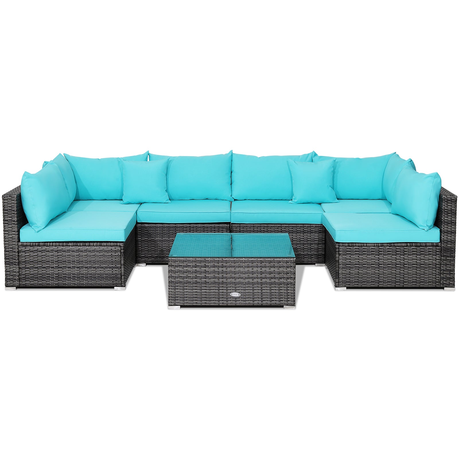 7 Piece Patio Rattan Furniture Set, Sectional Sofa Cushioned, Turquoise Outdoor Sectionals at Gallery Canada