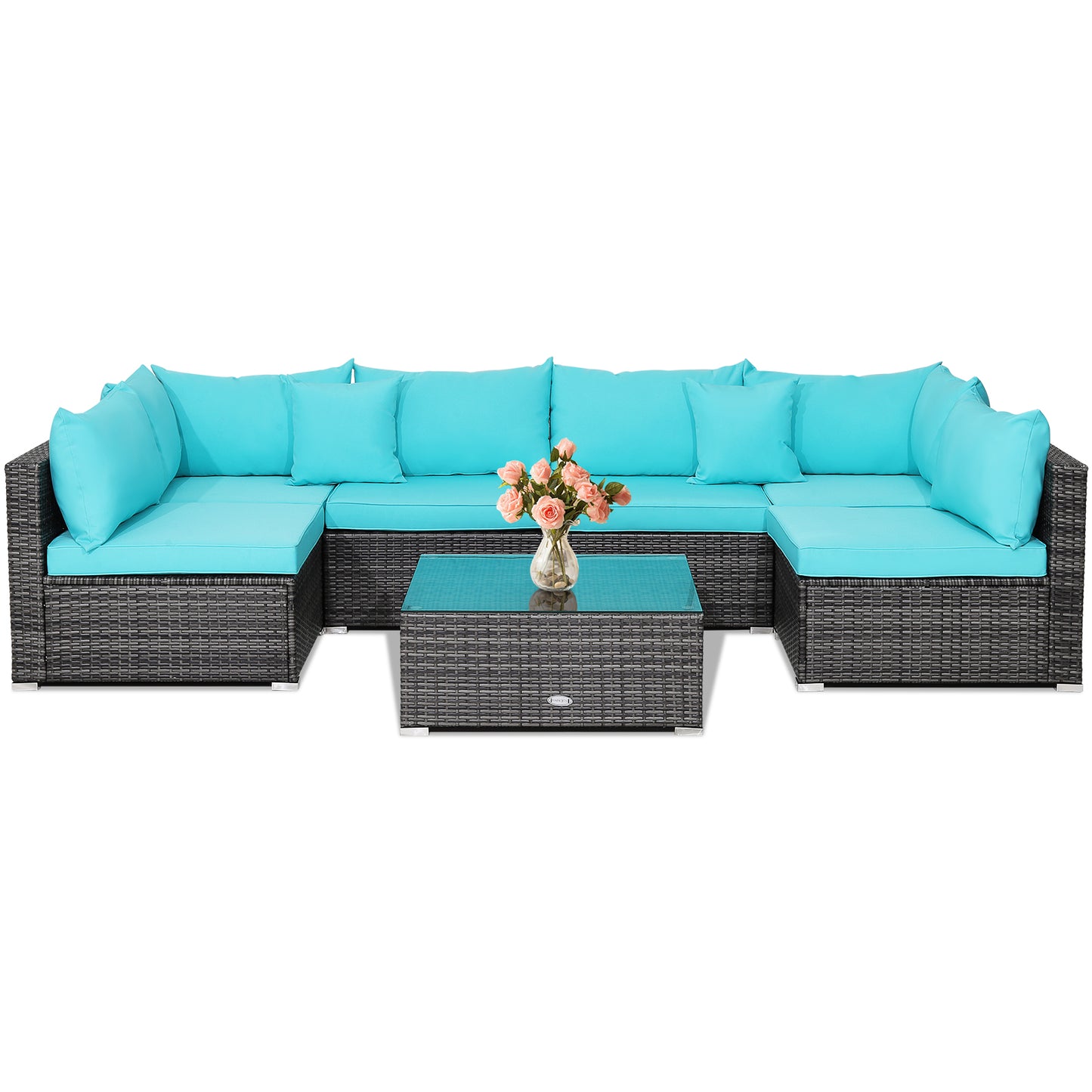 7 Pieces Patio Rattan Furniture Set with Sectional Sofa Cushioned, Turquoise Outdoor Sectionals at Gallery Canada