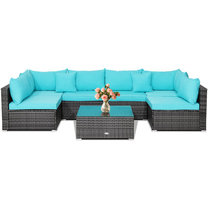 7 Pieces Patio Rattan Furniture Set with Sectional Sofa Cushioned, Turquoise Outdoor Sectionals at Gallery Canada