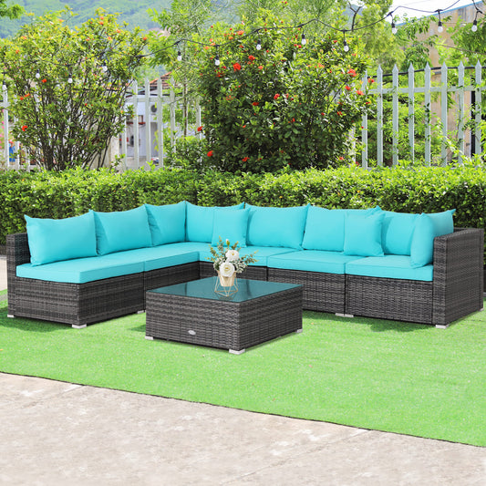 7 Pieces Patio Rattan Furniture Set with Sectional Sofa Cushioned, Turquoise Outdoor Sectionals Turquoise at Gallery Canada