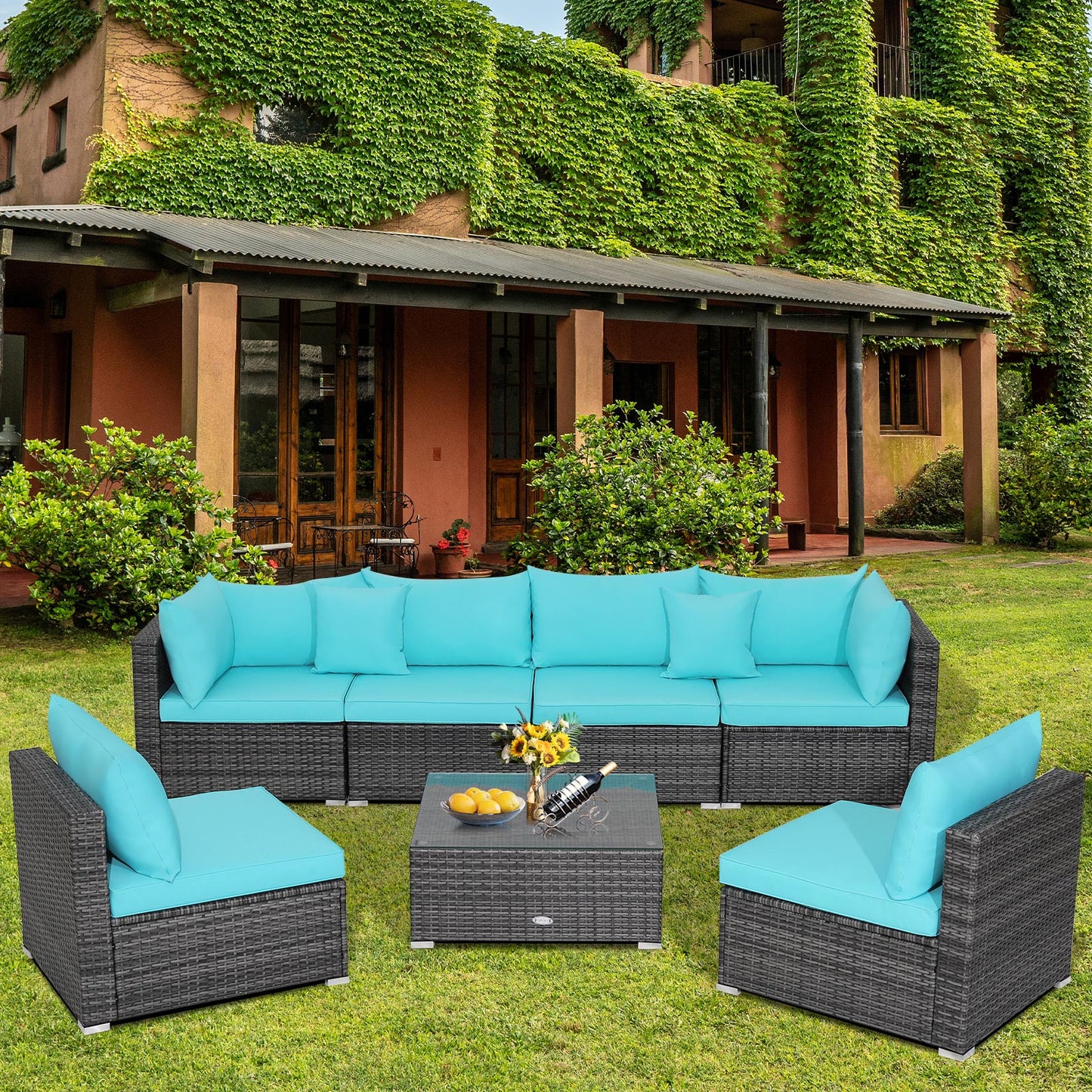 7 Pieces Patio Rattan Furniture Set with Sectional Sofa Cushioned, Turquoise Outdoor Sectionals at Gallery Canada