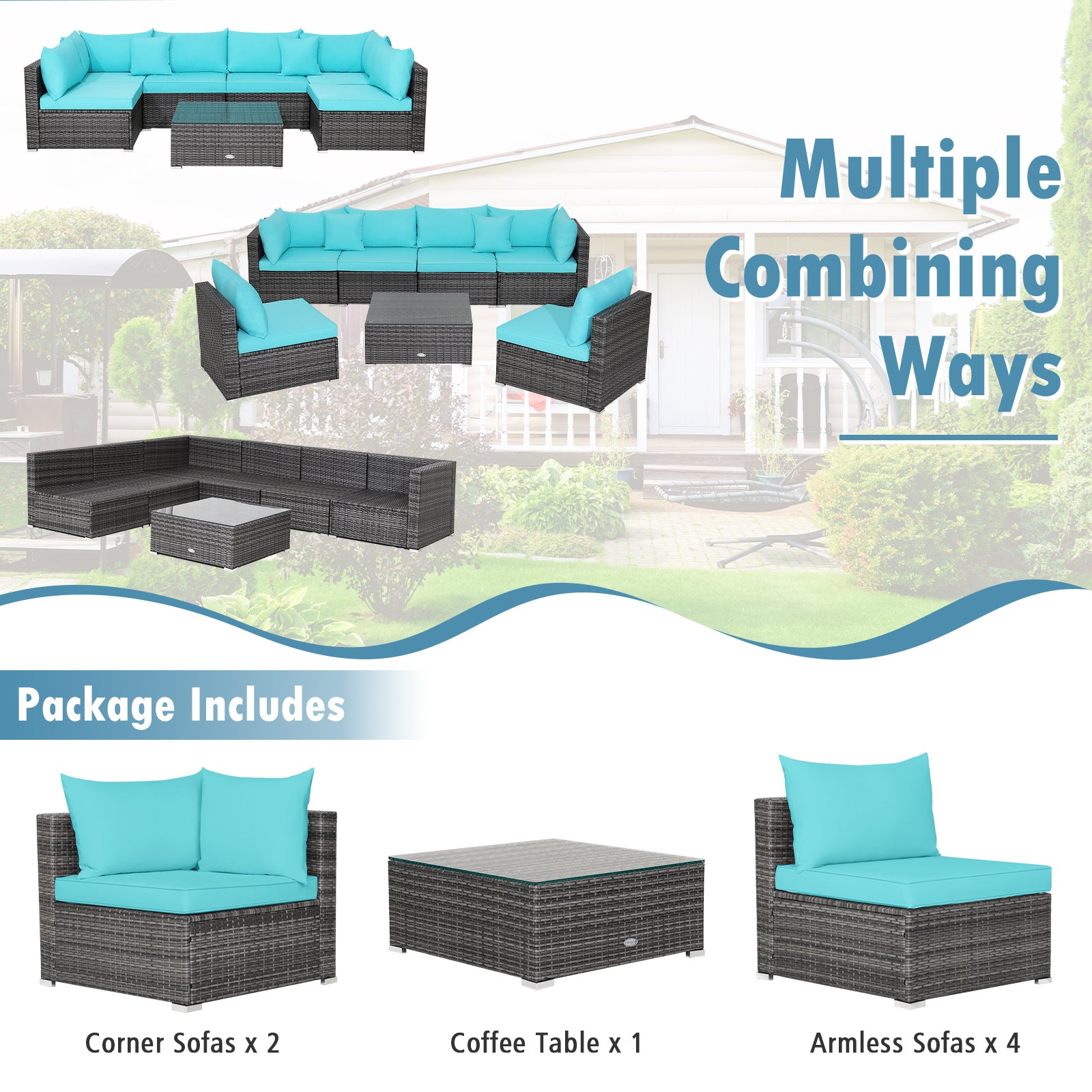 7 Pieces Patio Rattan Furniture Set with Sectional Sofa Cushioned, Turquoise Outdoor Sectionals at Gallery Canada