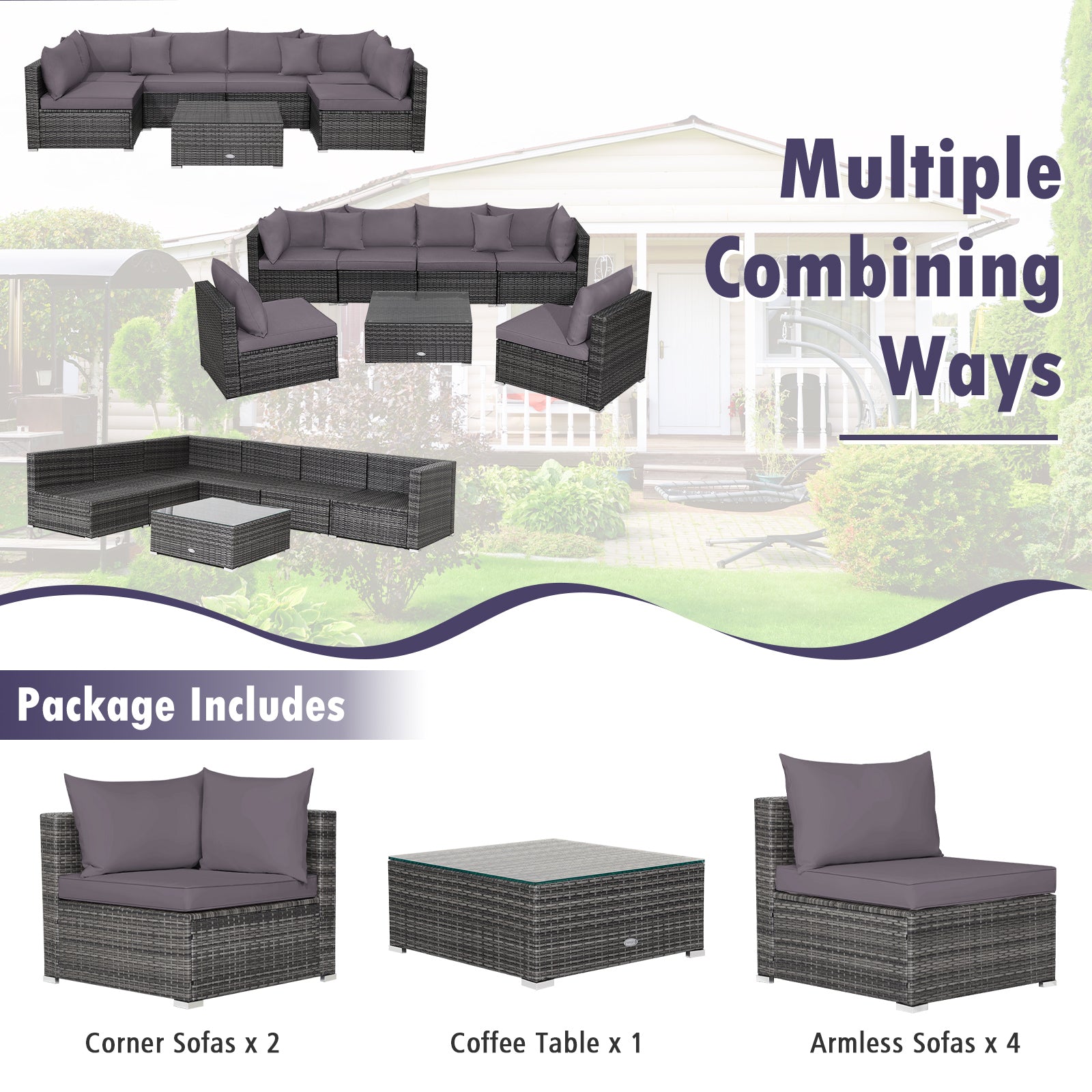 7-Piece Patio Rattan Furniture Set, Sectional Sofa, Gray Outdoor Sectionals at Gallery Canada
