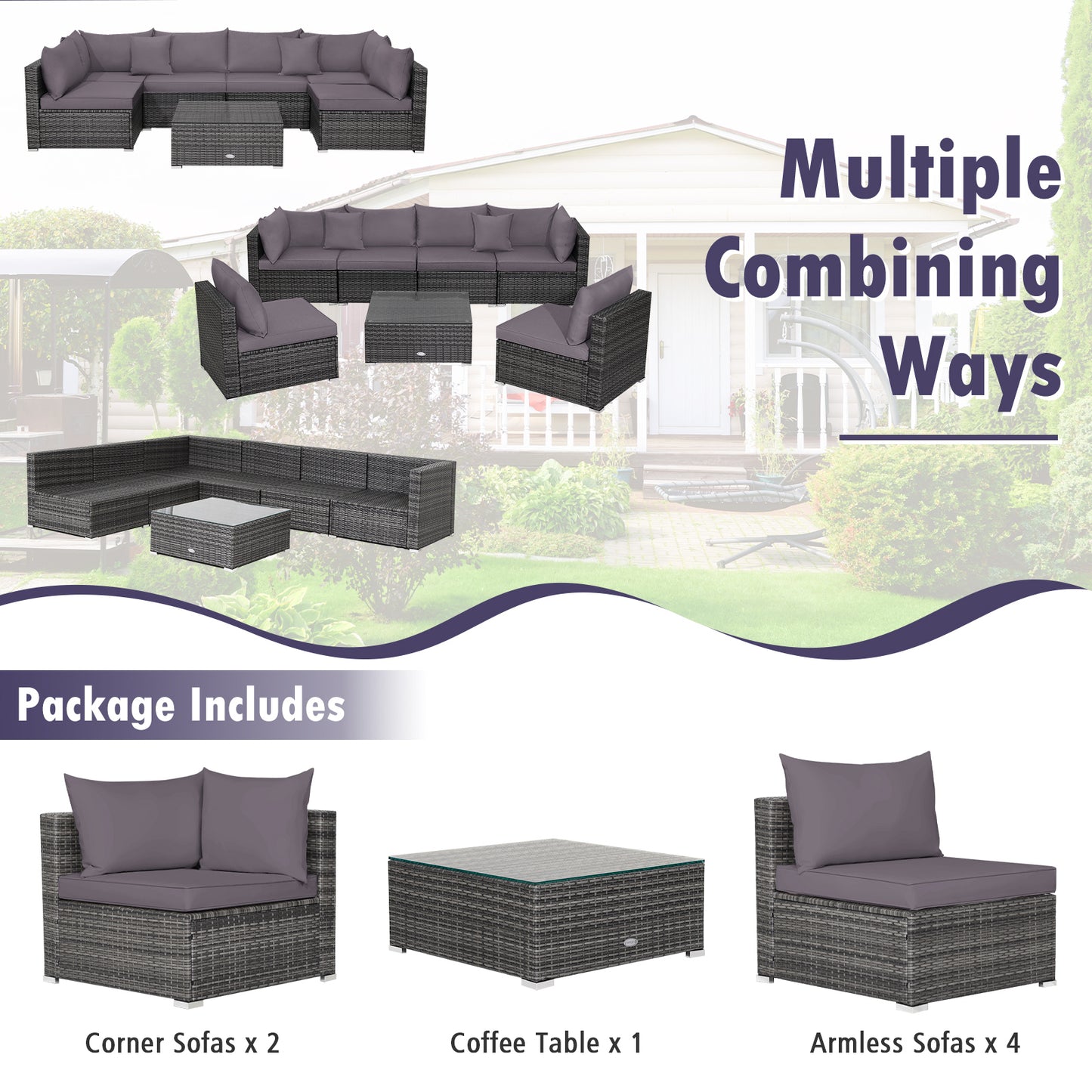 7-Piece Patio Rattan Furniture Set, Sectional Sofa, Gray Outdoor Sectionals at Gallery Canada