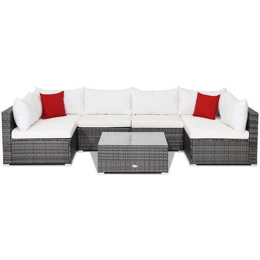 7 Pieces Patio Rattan Furniture Set Sectional Sofa Garden Cushion, White - Gallery Canada