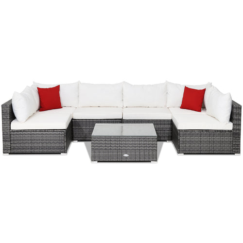 7-Piece Patio Rattan Furniture Set, Sectional Sofa, White