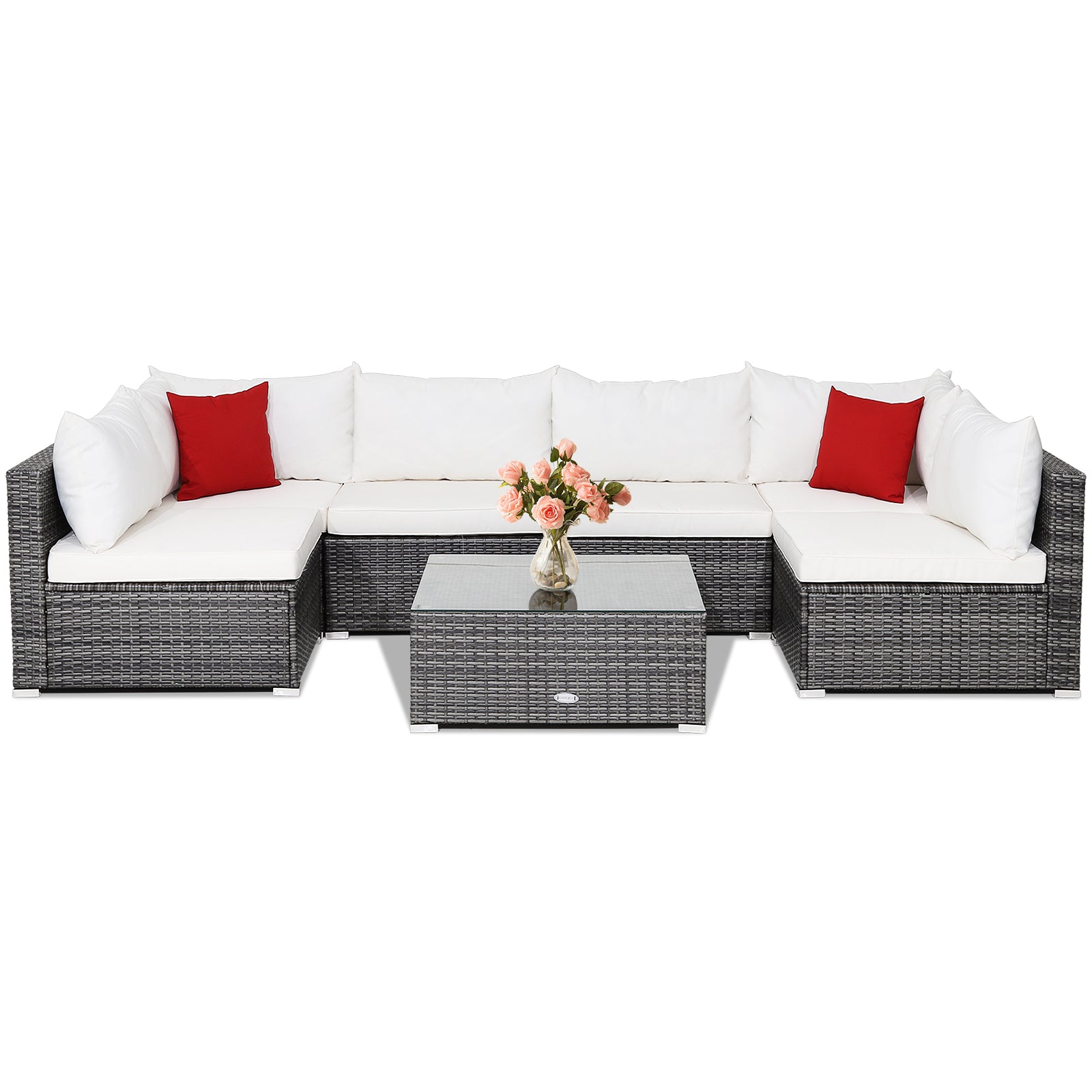 7 Pieces Patio Rattan Furniture Set Sectional Sofa Garden Cushion, White Outdoor Sectionals at Gallery Canada