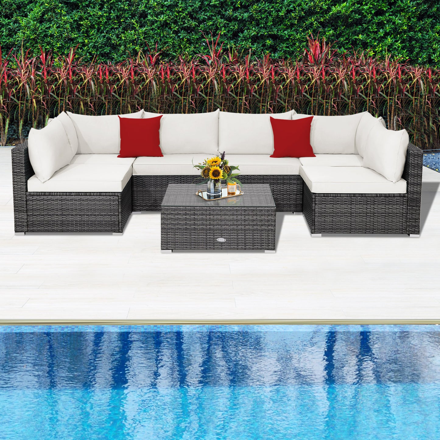 7 Pieces Patio Rattan Furniture Set Sectional Sofa Garden Cushion, White Outdoor Sectionals at Gallery Canada