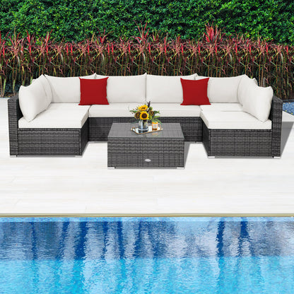7 Pieces Patio Rattan Furniture Set Sectional Sofa Garden Cushion, White Outdoor Sectionals at Gallery Canada