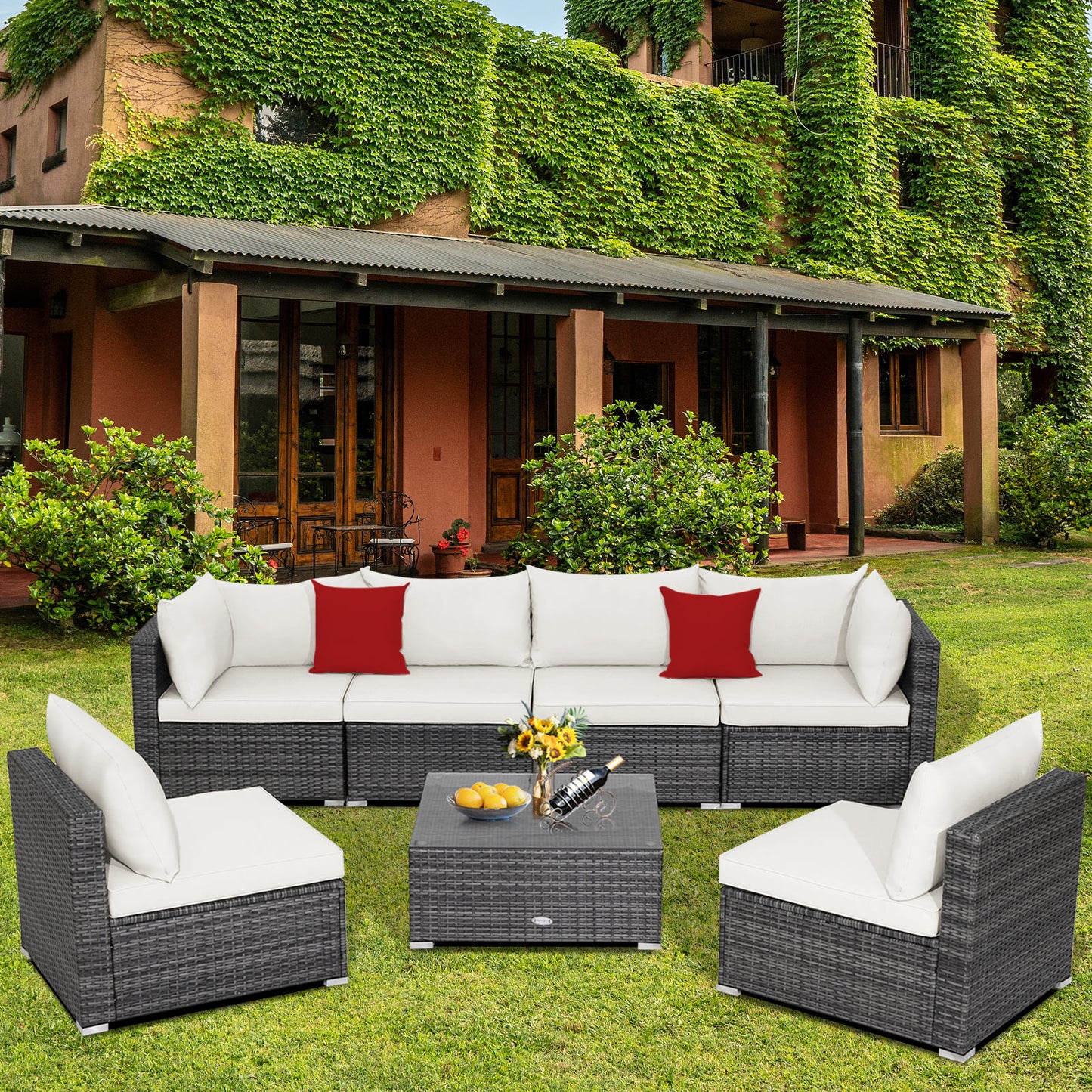 7 Pieces Patio Rattan Furniture Set Sectional Sofa Garden Cushion, White Outdoor Sectionals at Gallery Canada