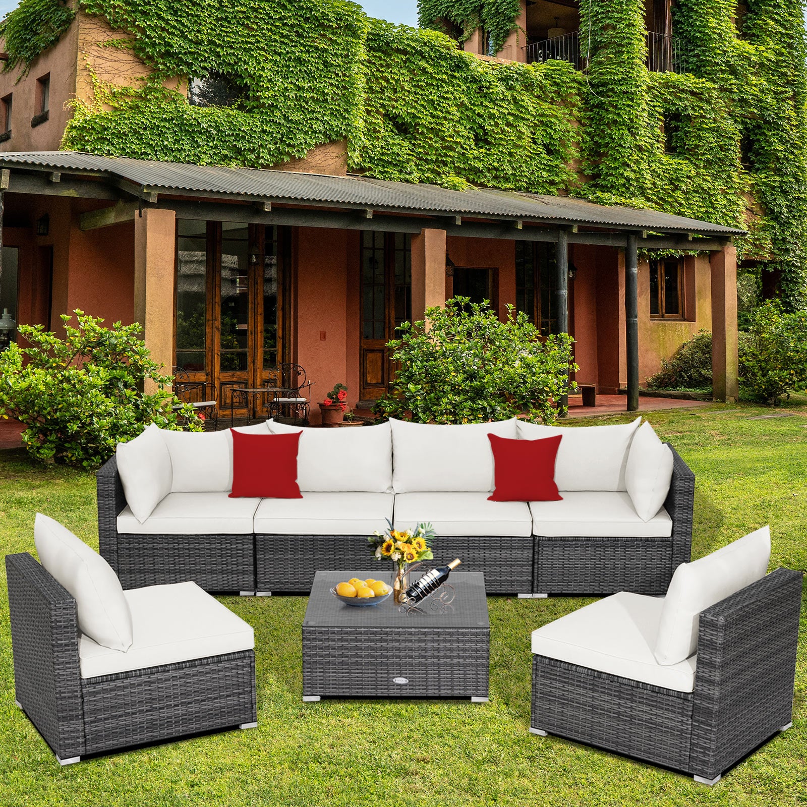 7 Pieces Patio Rattan Furniture Set Sectional Sofa Garden Cushion, White Outdoor Sectionals at Gallery Canada