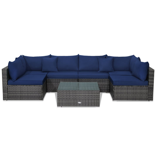7 Pieces Patio Rattan Furniture Set Sectional Sofa Garden Cushion, Navy - Gallery Canada