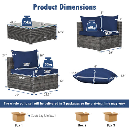 7 Pieces Patio Rattan Furniture Set Sectional Sofa Garden Cushion, Navy Outdoor Sectionals at Gallery Canada