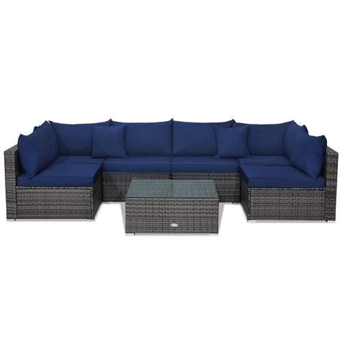 7-Piece Patio Rattan Furniture Set, Sectional Sofa, Navy