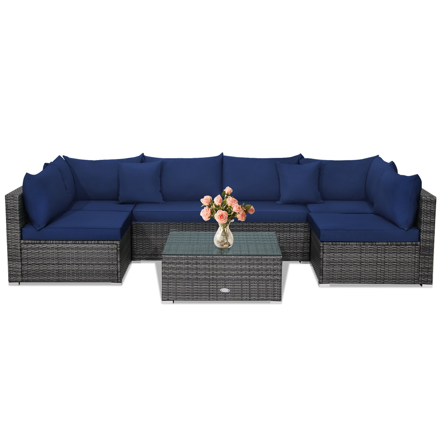 7 Pieces Patio Rattan Furniture Set Sectional Sofa Garden Cushion, Navy Outdoor Sectionals at Gallery Canada