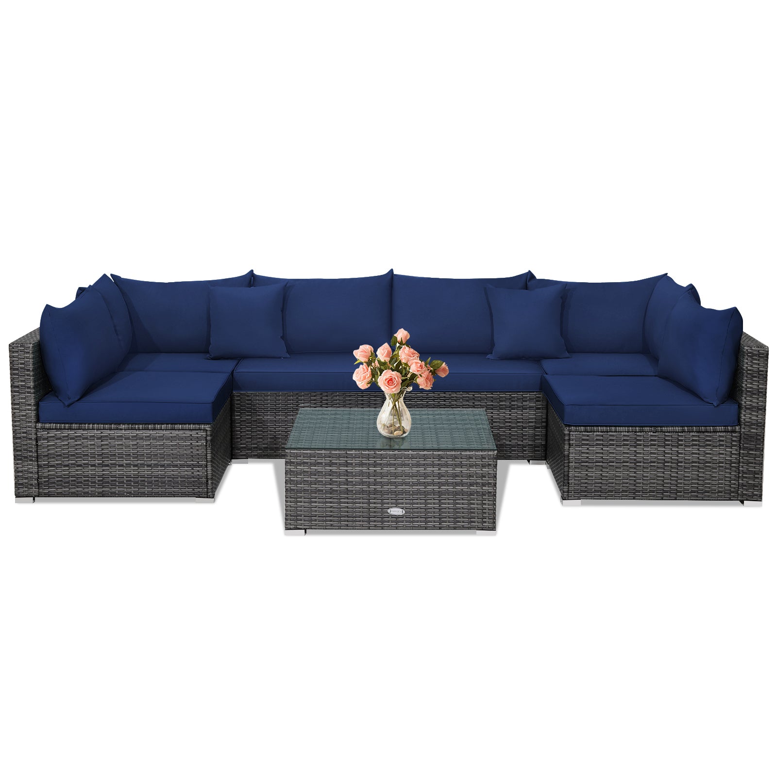 7 Pieces Patio Rattan Furniture Set Sectional Sofa Garden Cushion, Navy Outdoor Sectionals at Gallery Canada