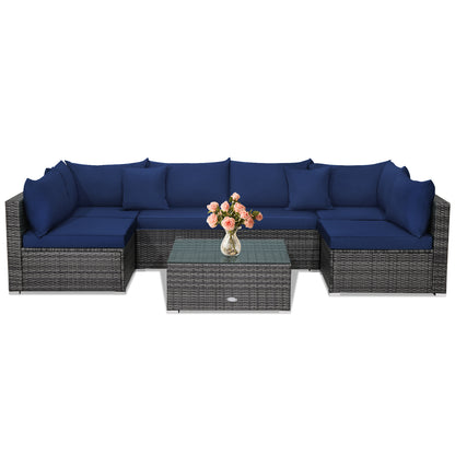 7 Pieces Patio Rattan Furniture Set Sectional Sofa Garden Cushion, Navy Outdoor Sectionals at Gallery Canada