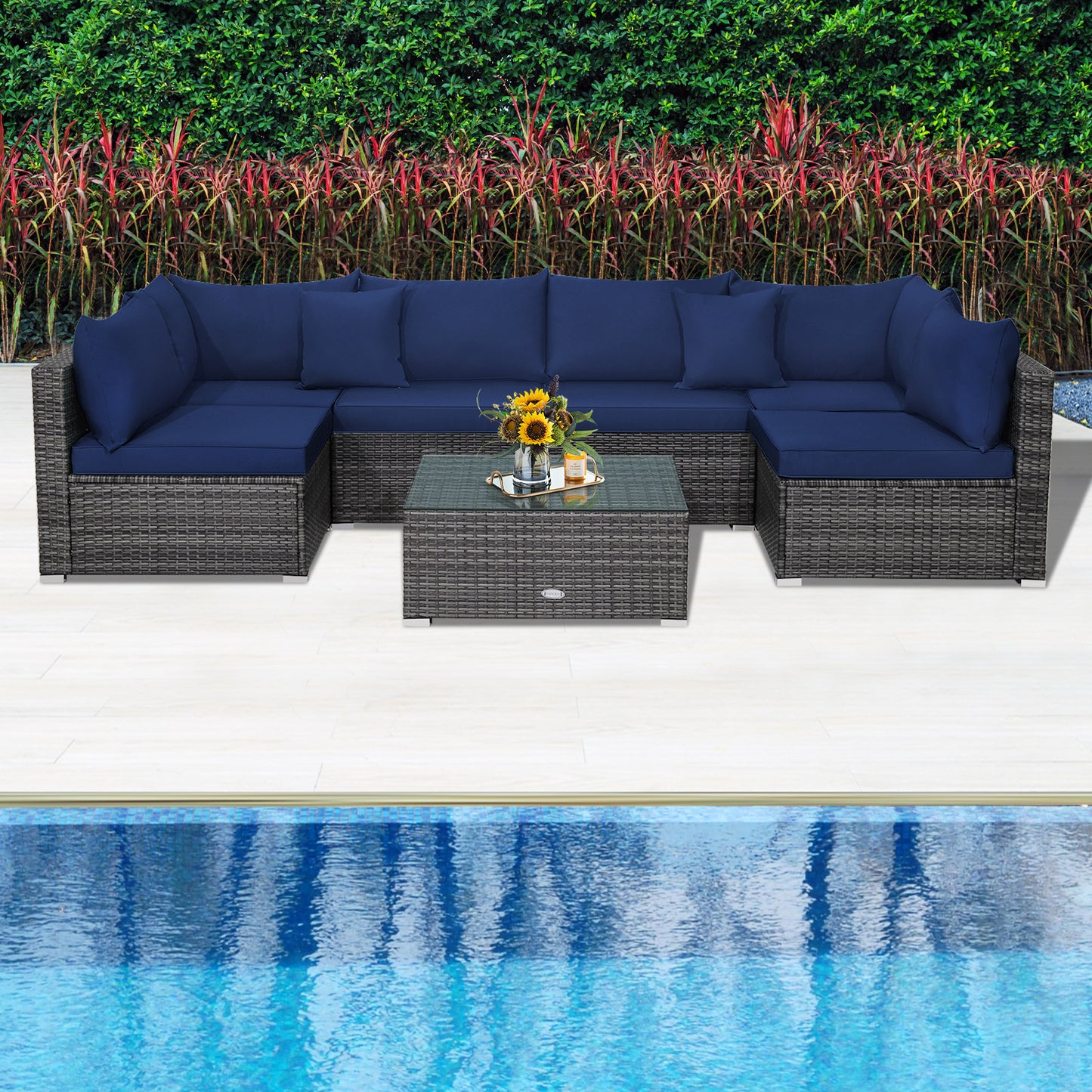 7 Pieces Patio Rattan Furniture Set Sectional Sofa Garden Cushion, Navy Outdoor Sectionals at Gallery Canada