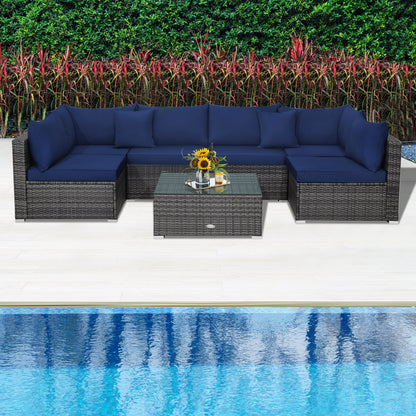 7 Pieces Patio Rattan Furniture Set Sectional Sofa Garden Cushion, Navy Outdoor Sectionals at Gallery Canada