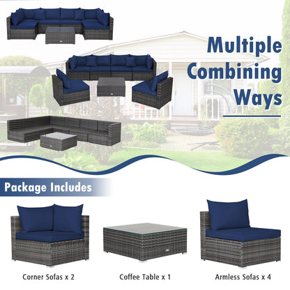 7 Pieces Patio Rattan Furniture Set Sectional Sofa Garden Cushion, Navy Outdoor Sectionals at Gallery Canada