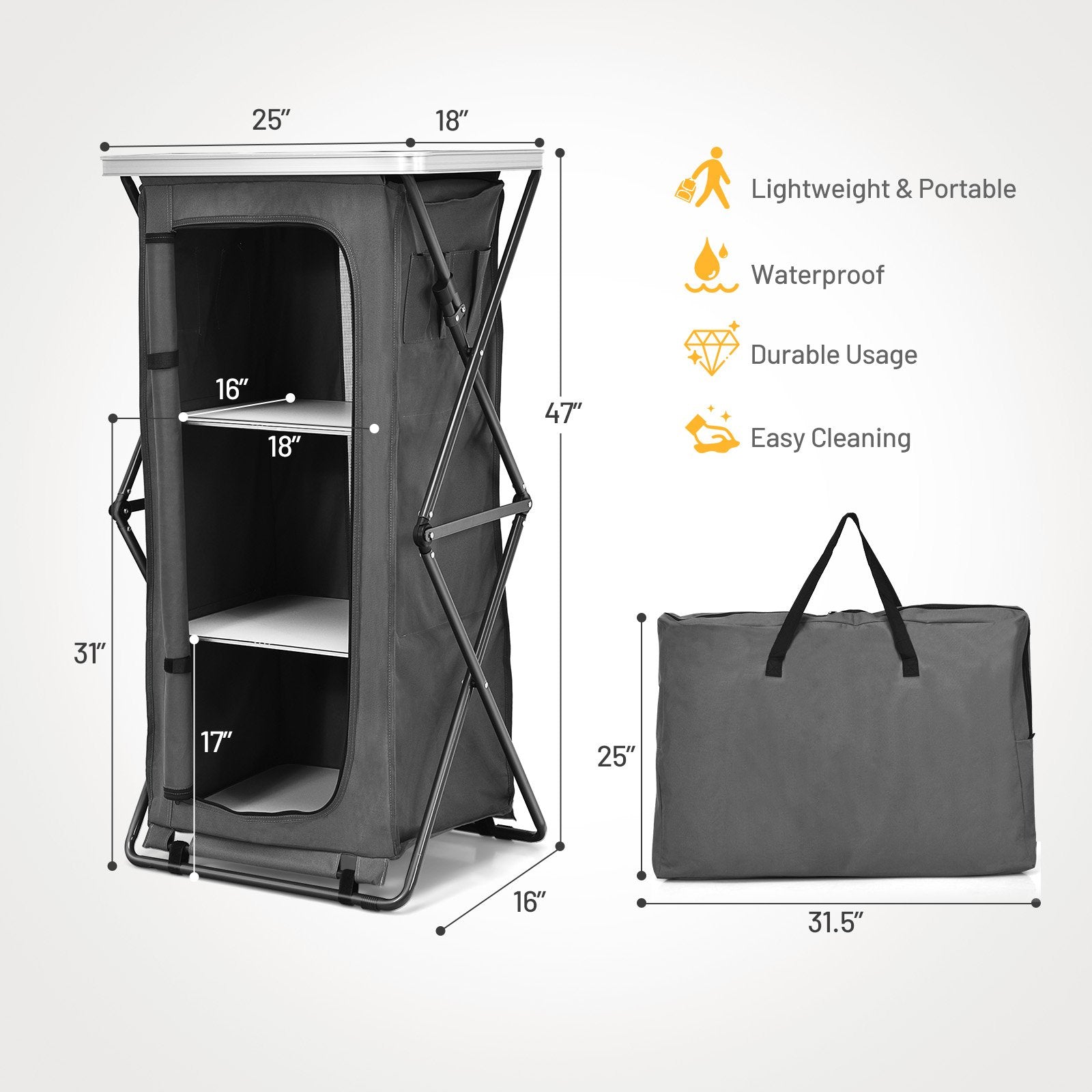 Folding Pop-Up Cupboard Compact Camping Storage Cabinet with Bag-L, Gray - Gallery Canada