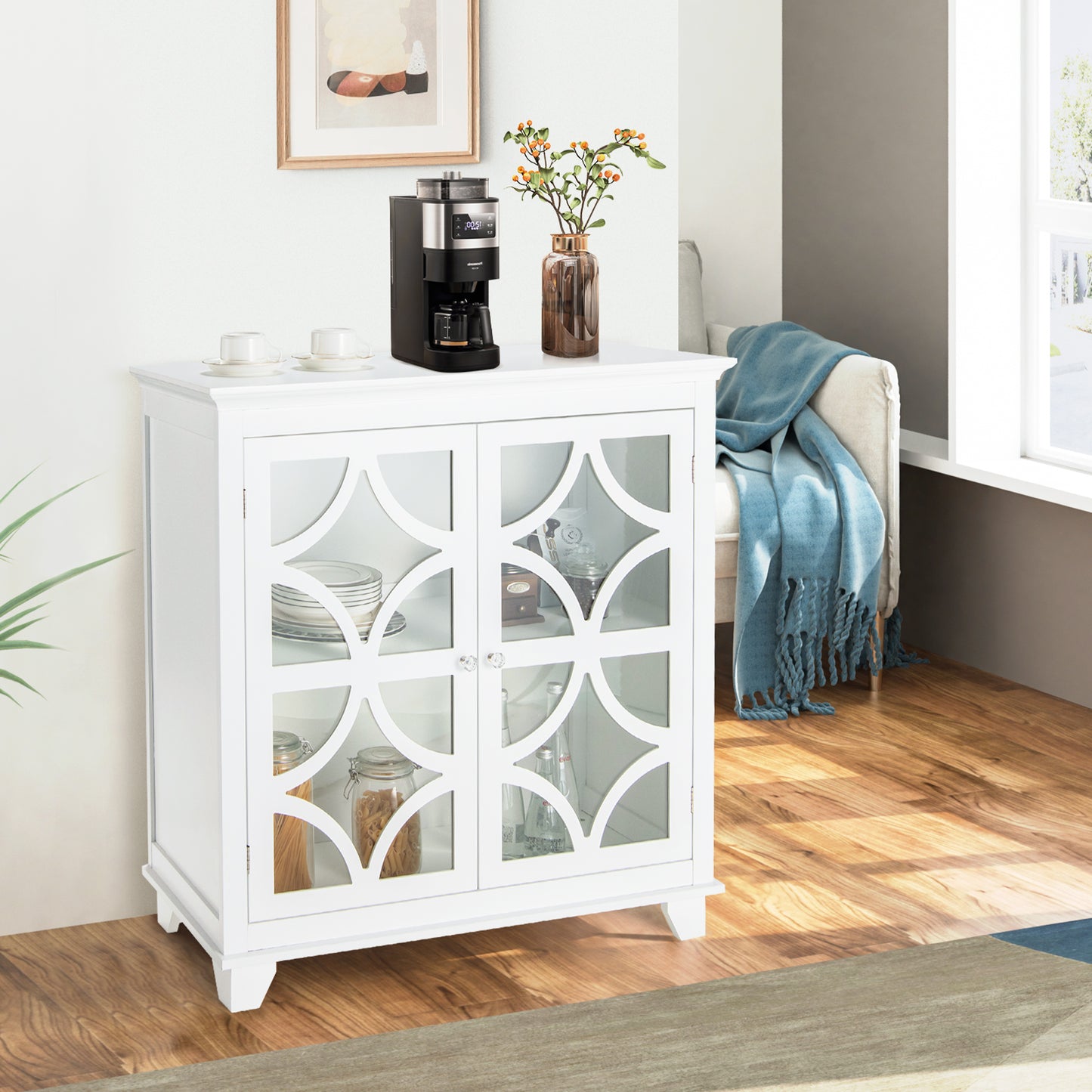 Buffet vaisselier avec portes vitrées, étagère réglable, blanc