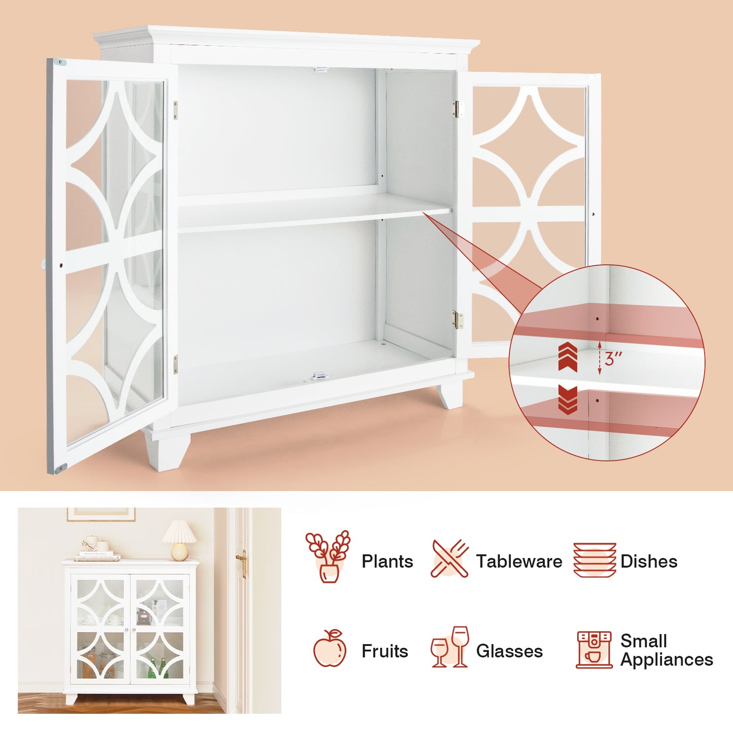 Buffet vaisselier avec portes vitrées, étagère réglable, blanc