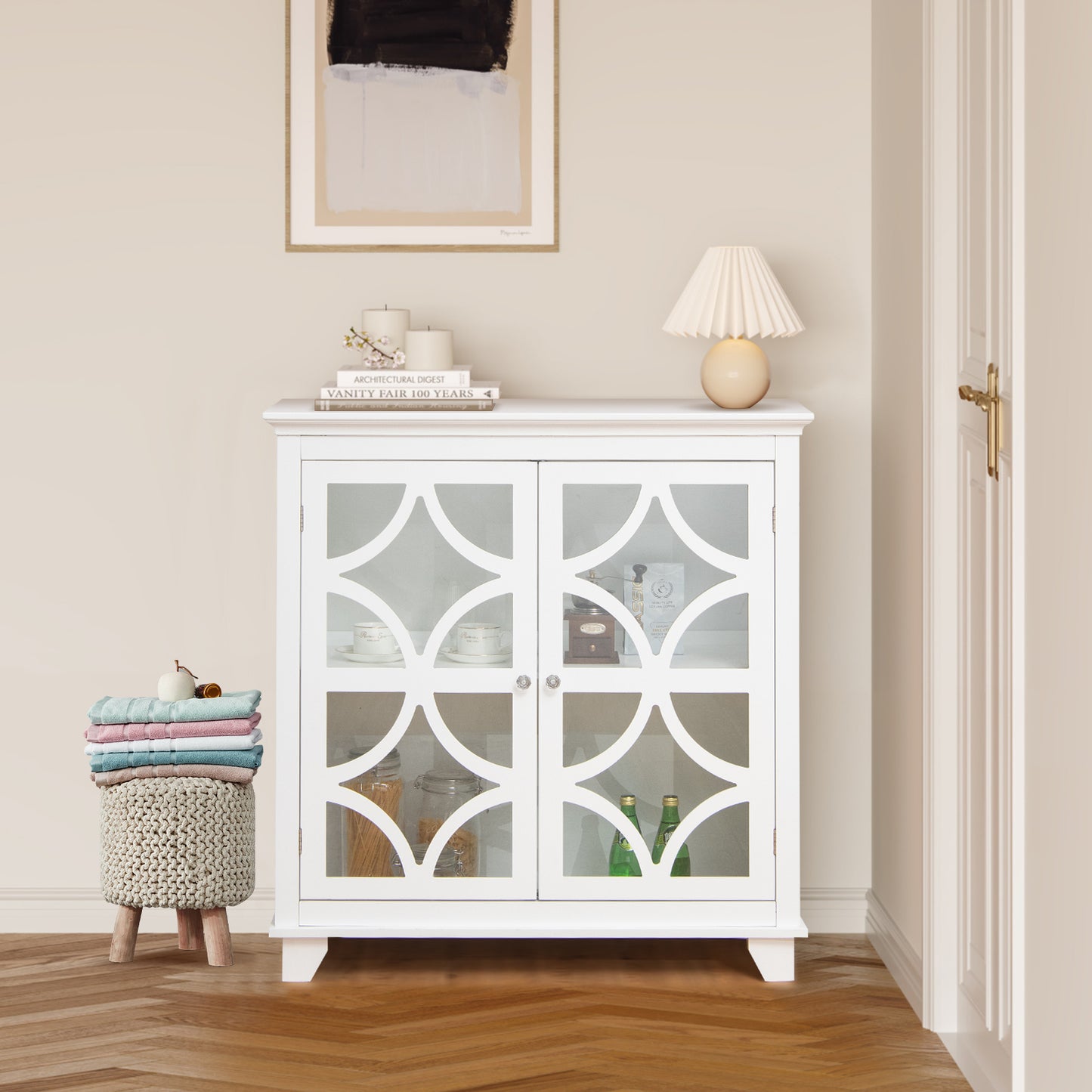 Buffet vaisselier avec portes vitrées, étagère réglable, blanc