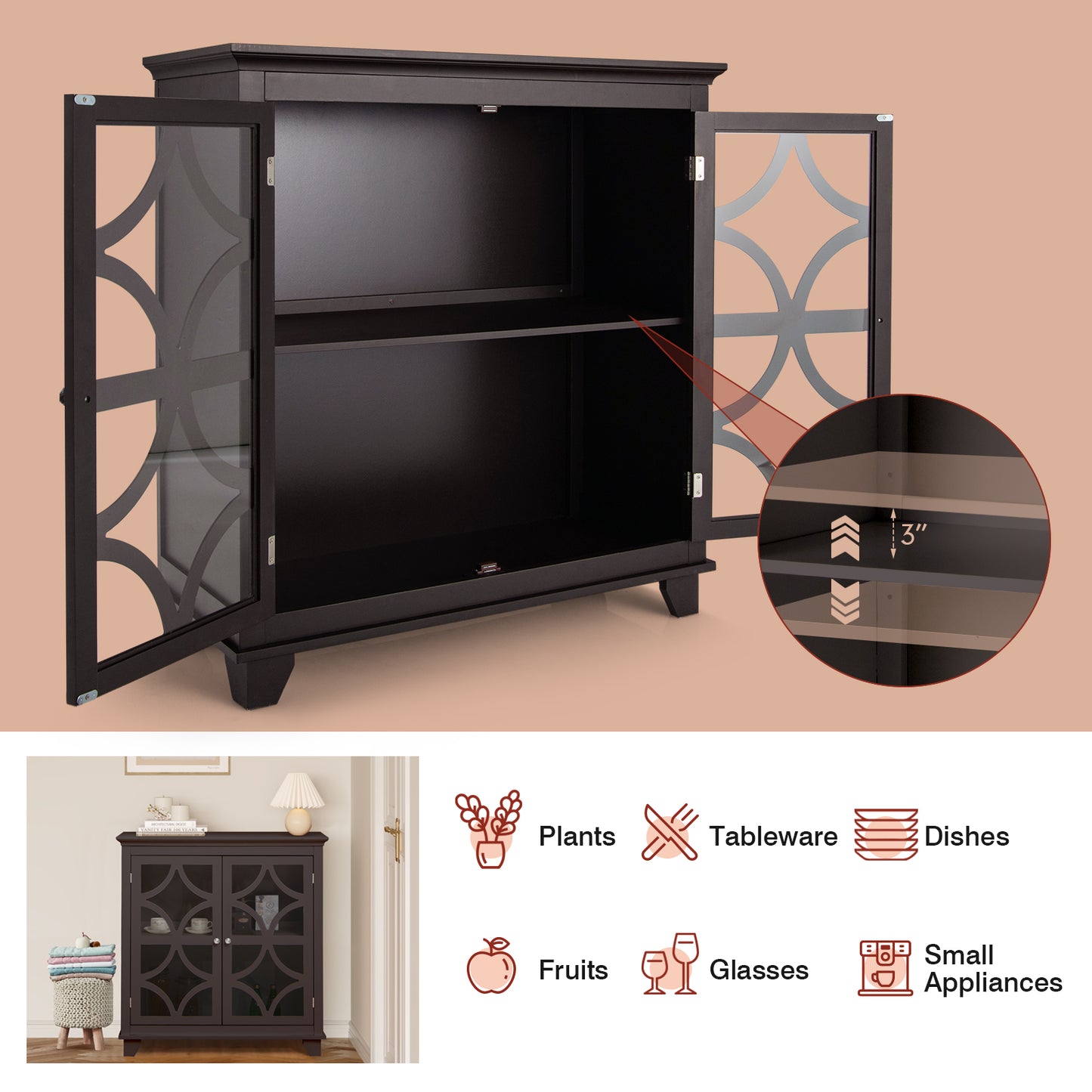 Kitchen Buffet Sideboard With Glass Doors, Brown