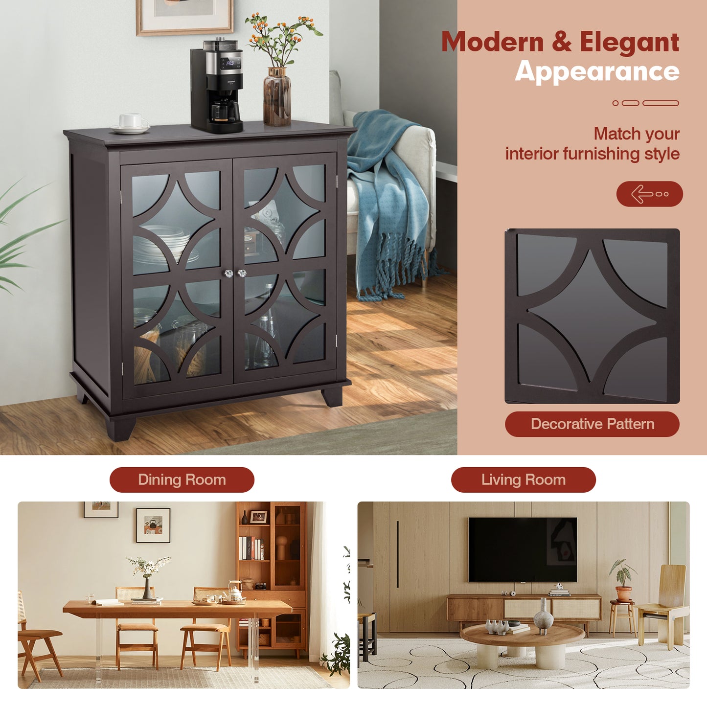 Kitchen Buffet Sideboard With Glass Doors, Brown