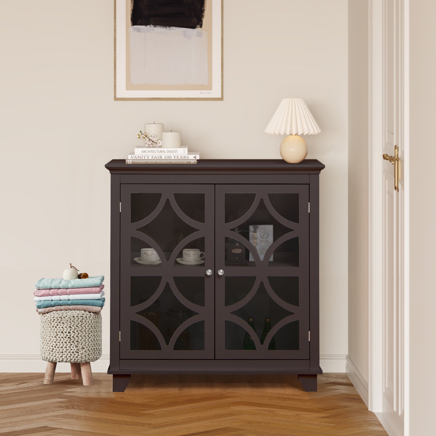 Kitchen Buffet Sideboard With Glass Doors, Brown