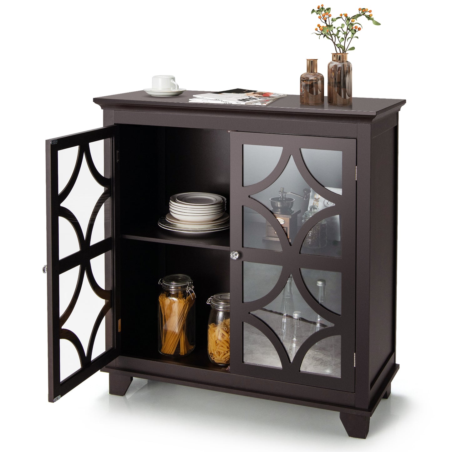 Kitchen Buffet Sideboard With Glass Doors, Brown