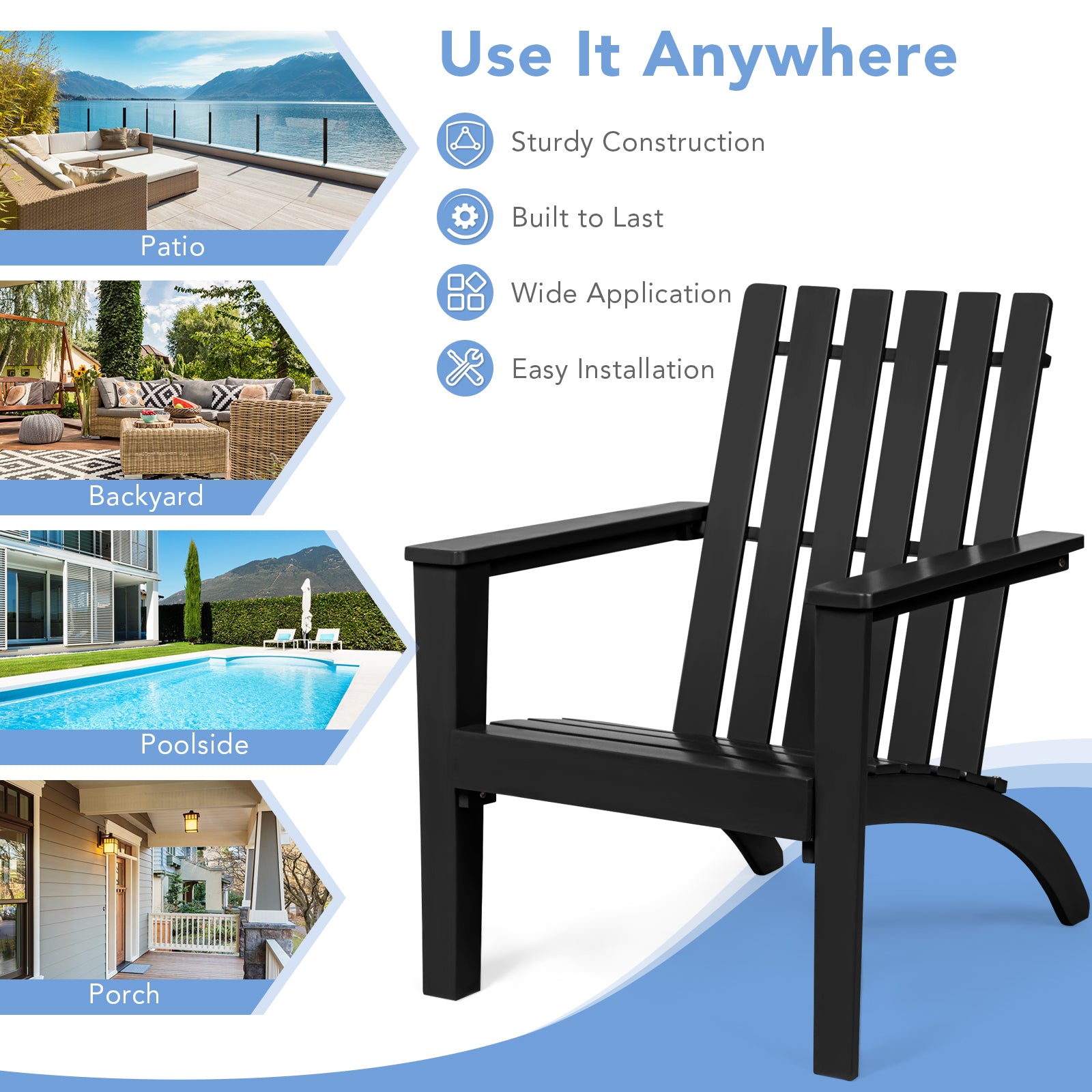 Outdoor Durable Patio Acacia Wood Adirondack Lounge Armchair, Black Adirondack Chairs at Gallery Canada