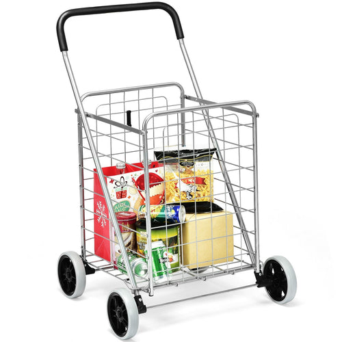 Portable Folding Shopping Cart Utility for Grocery Laundry, Silver