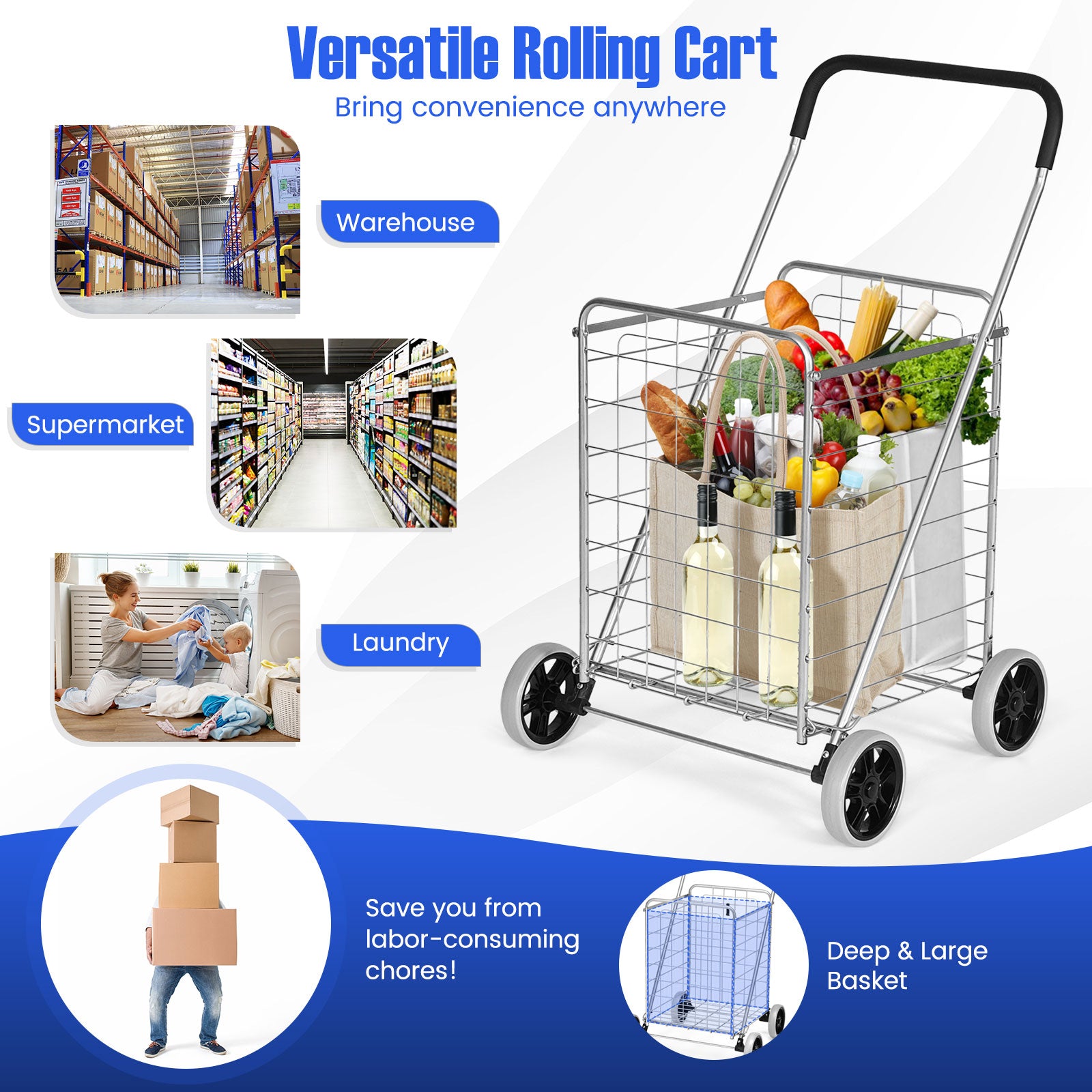 Portable Folding Shopping Cart Utility for Grocery Laundry, Silver Kitchen Tools at Gallery Canada