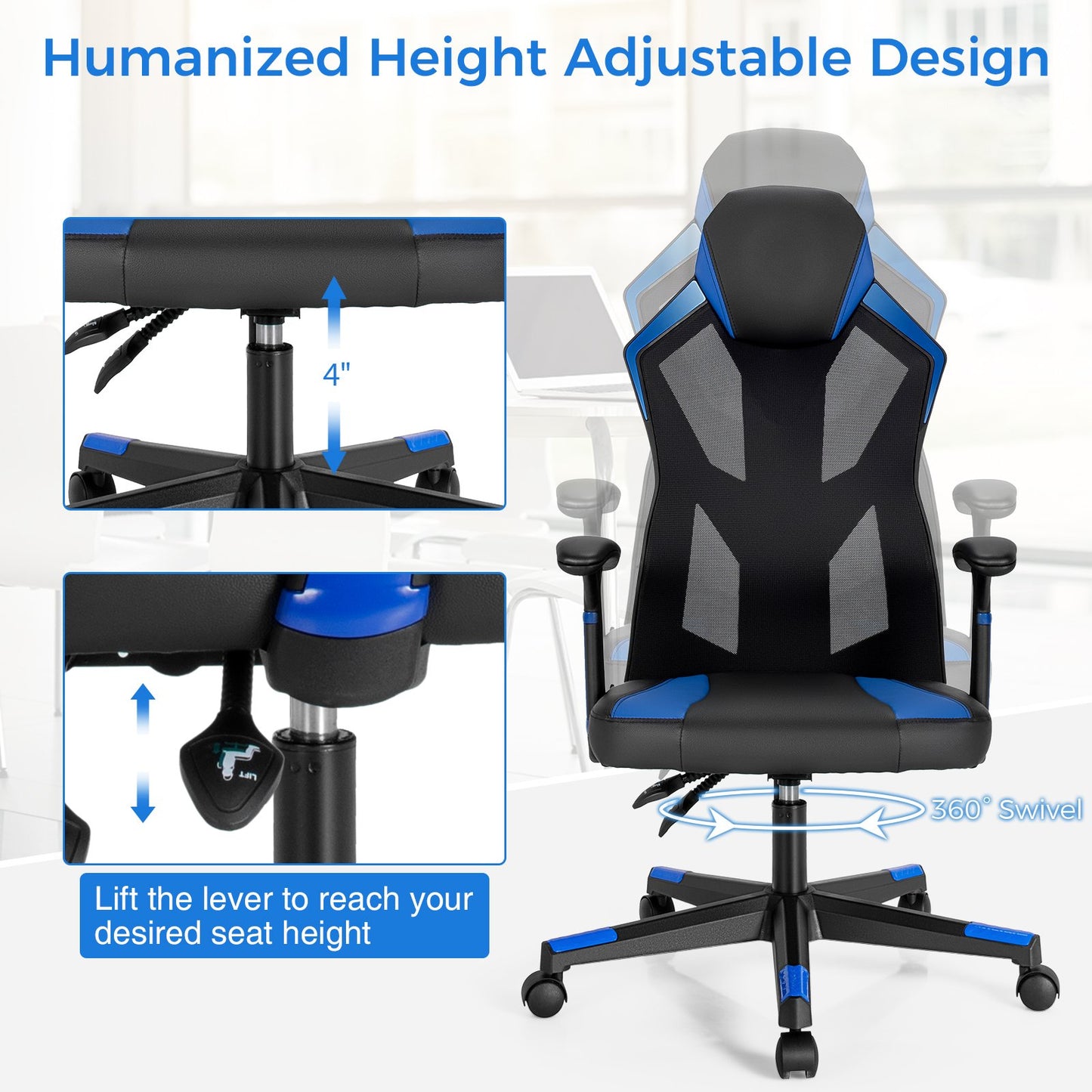 Gaming Chair with Adjustable Mesh Back, Blue - Gallery Canada