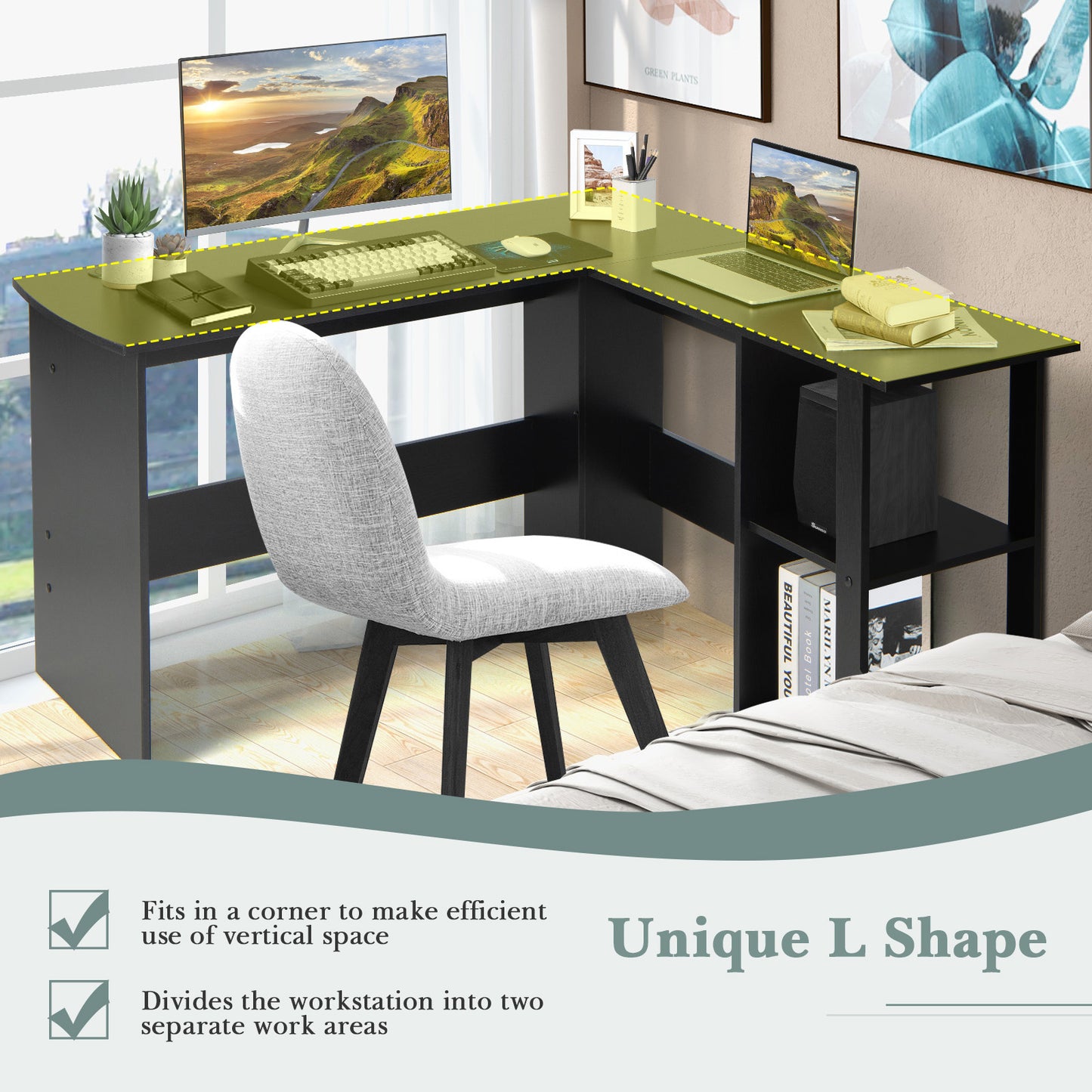 L Shaped Computer Desk With Storage Shelves, Black