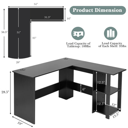 L Shaped Computer Desk With Storage Shelves, Black