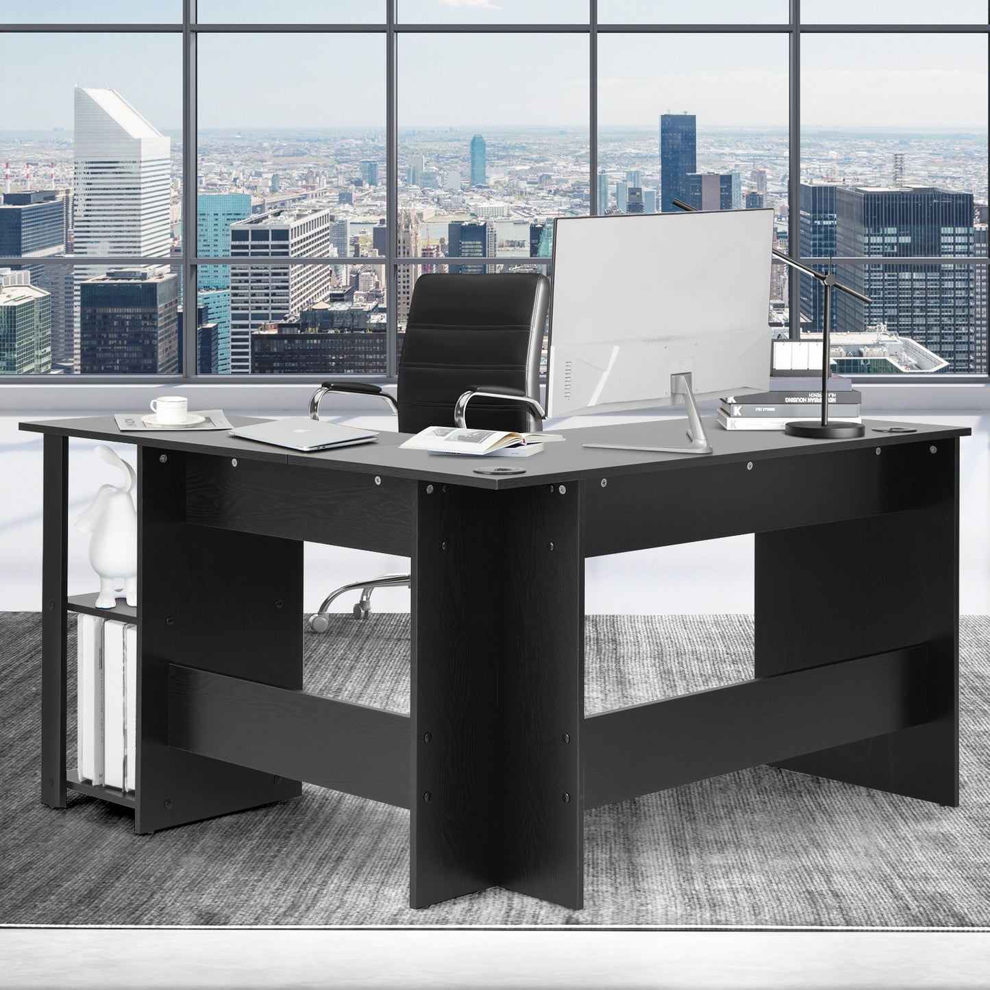 L Shaped Computer Desk With Storage Shelves, Black